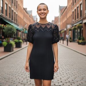 Leslie Fay Black Mini Dress with Sheer Sequin Sleeves